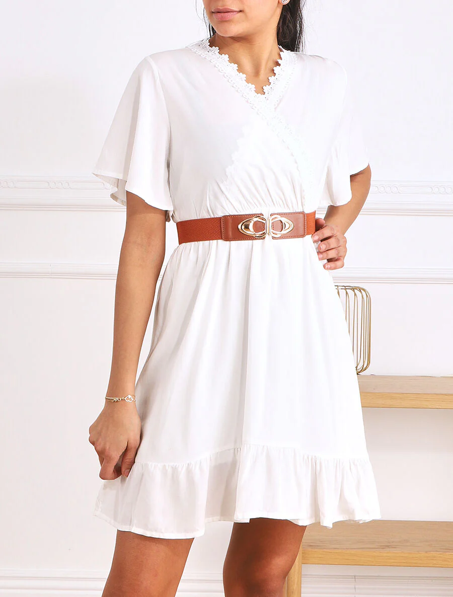 Robe courte unie col dentelle et bords volantés - Blanc - Image 4
