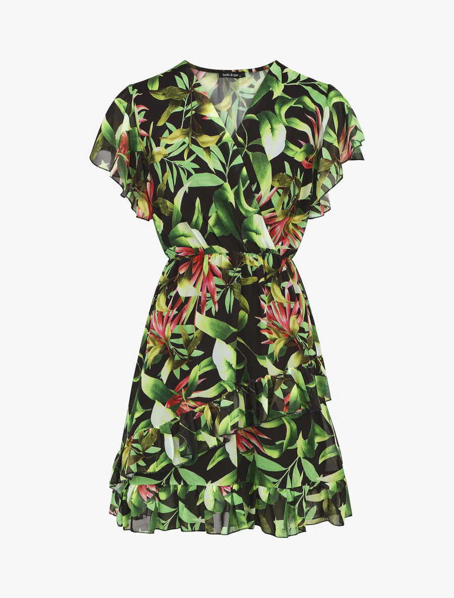 Robe courte volantée imprimé tropical - Noir
