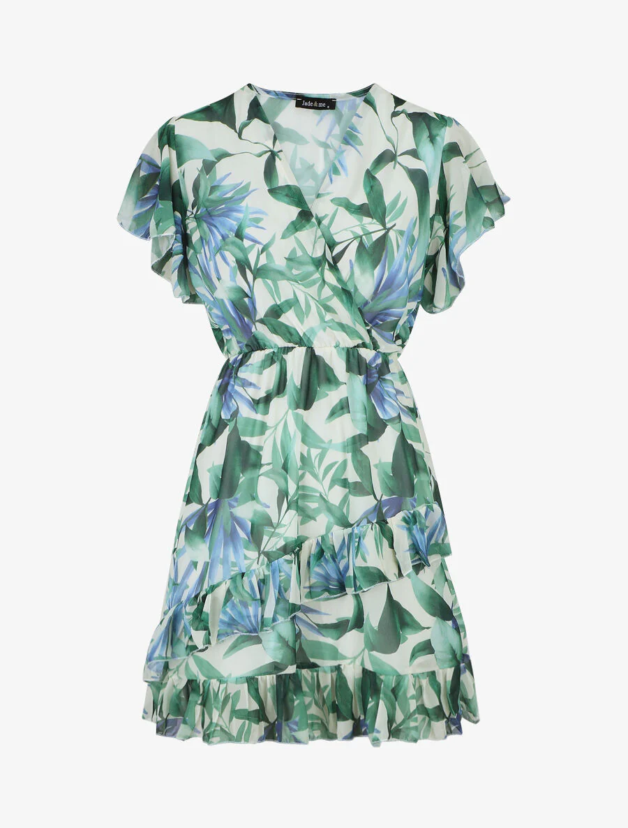 Robe courte volantée imprimé tropical - Vert