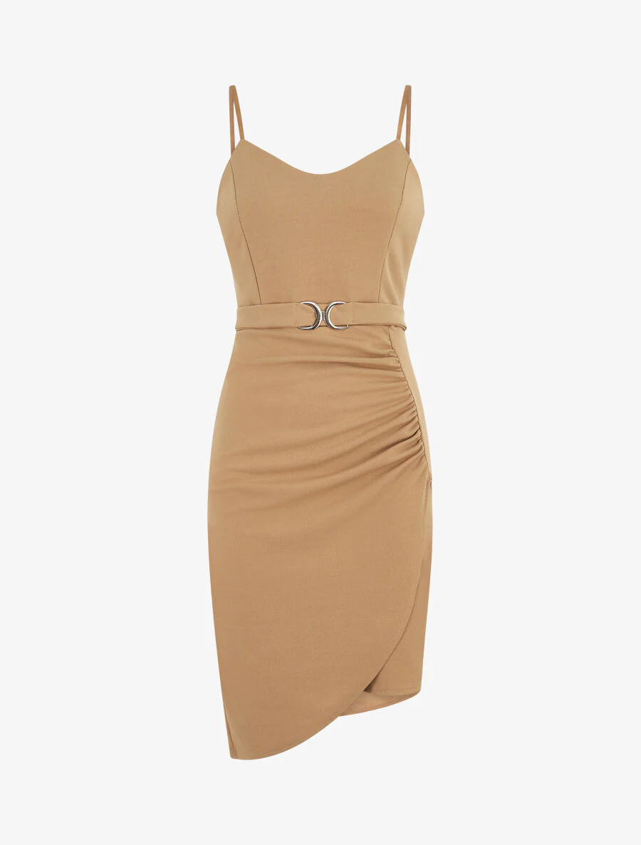 Robe drapée à bretelles et boucle - Taupe