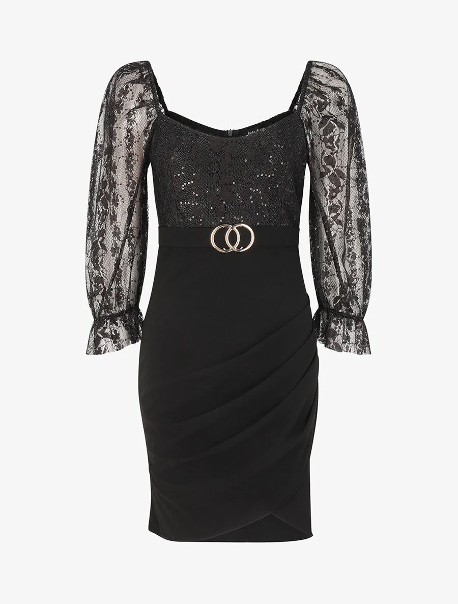 Robe drapée à buste en dentelle et sequins - Noir