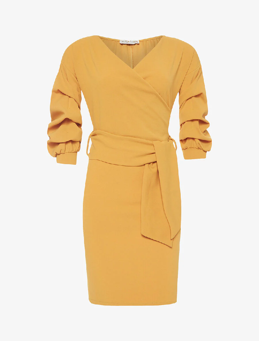 Robe drapée manches froissées - moutarde