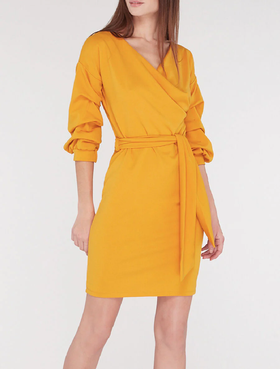 Robe drapée manches froissées - moutarde - Image 3