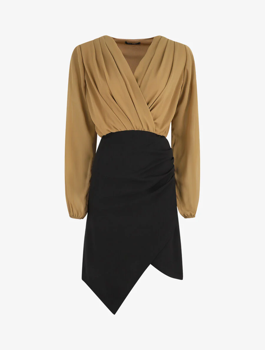Robe drapée style portefeuille - Camel/noir
