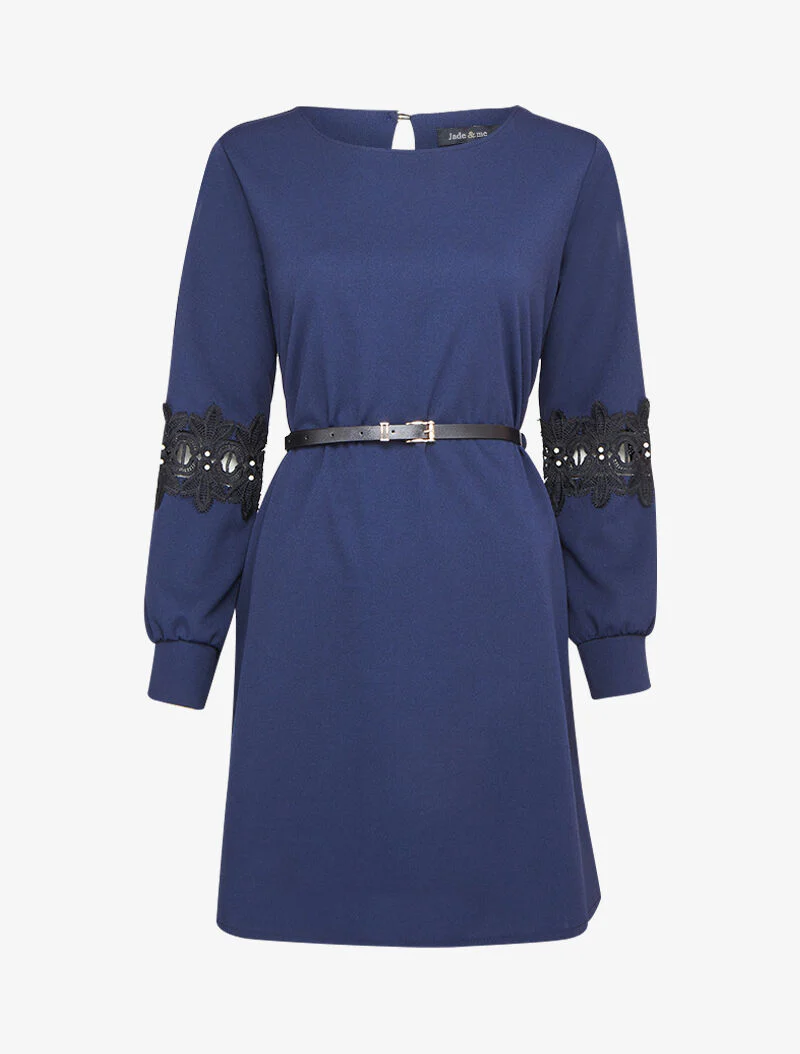 Robe droite à manches à détails brodés et perlés - Marine