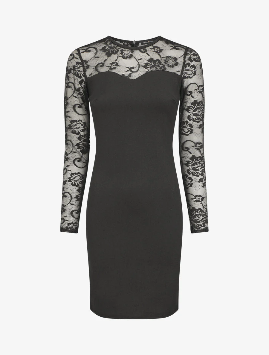 Robe droite à manches en dentelle - Noir