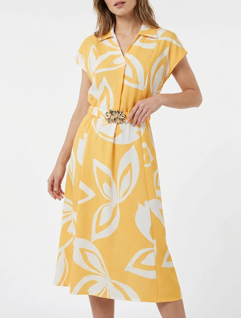 Robe droite ceinturée - Jaune - Image 4