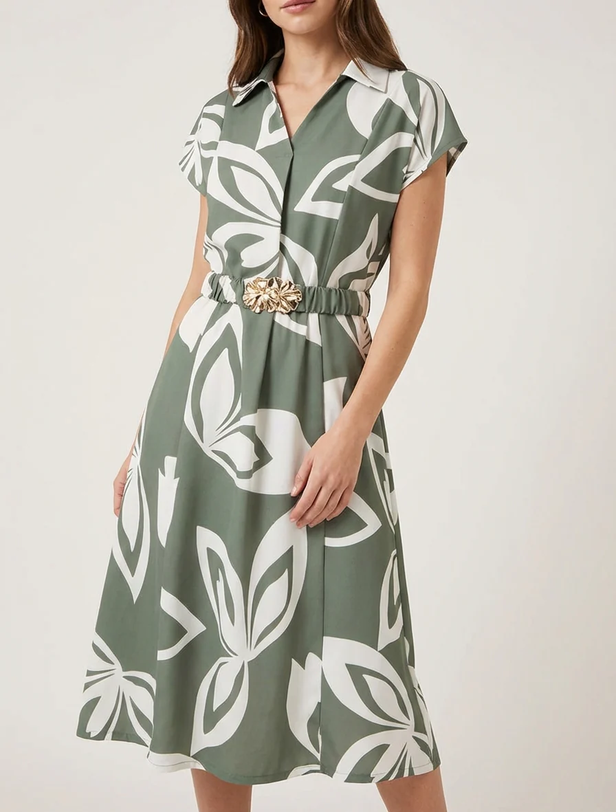 Robe droite ceinturée - Kaki - Image 4