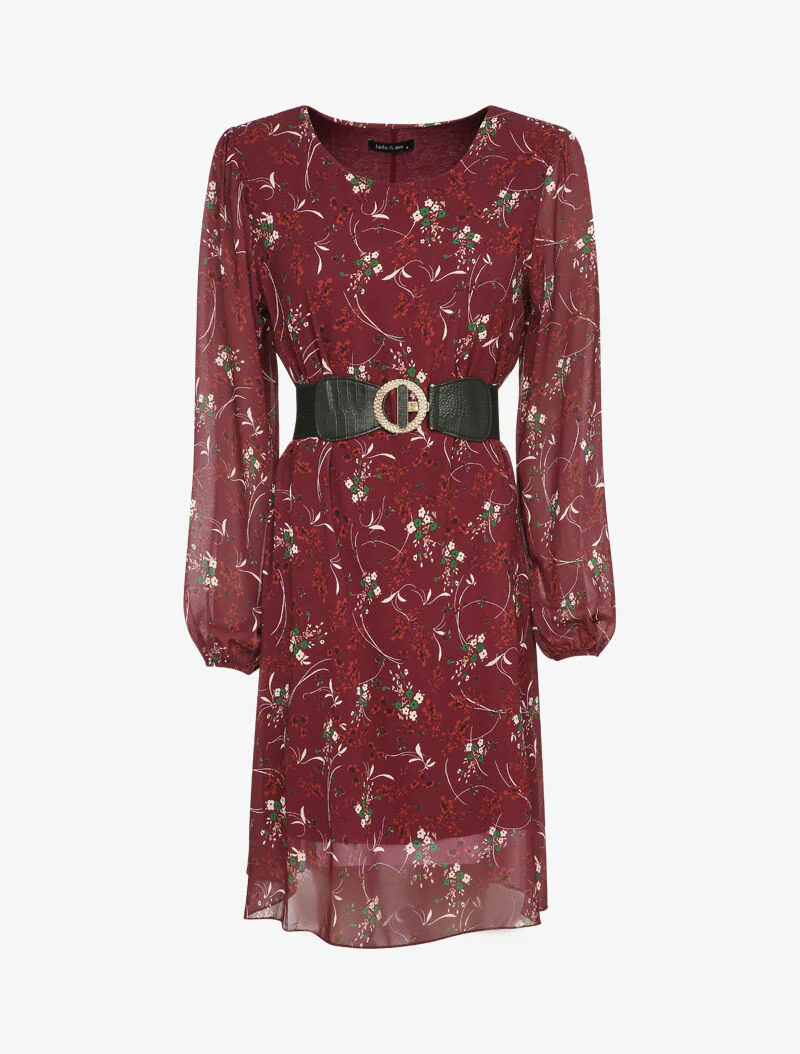 Robe droite imprimé petites fleurs à col rond - Bordeaux