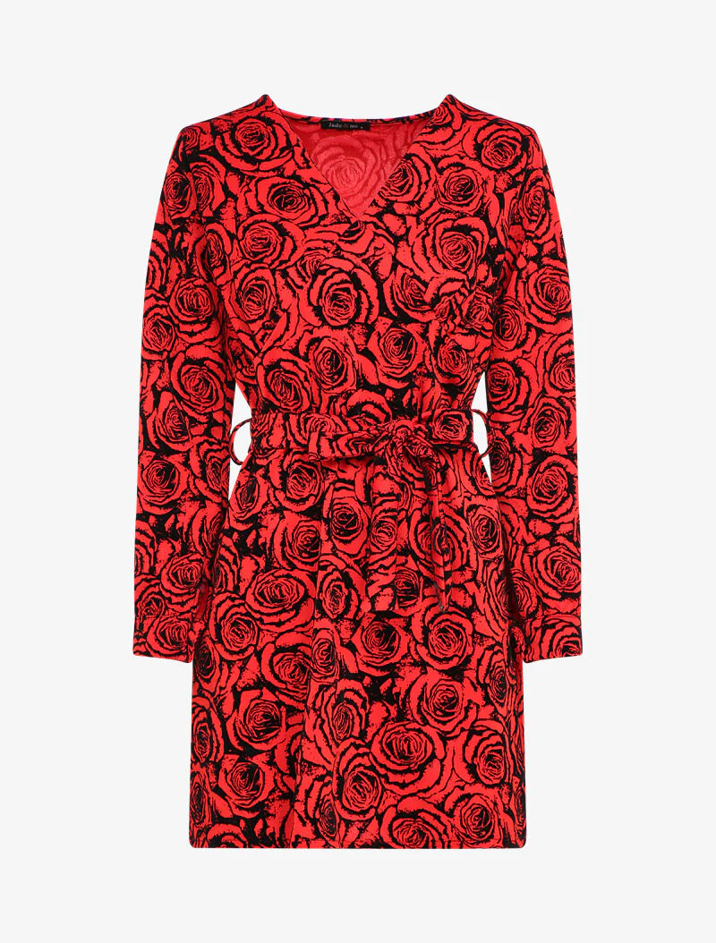 Robe droite imprimé roses en velours dévoré - Rouge