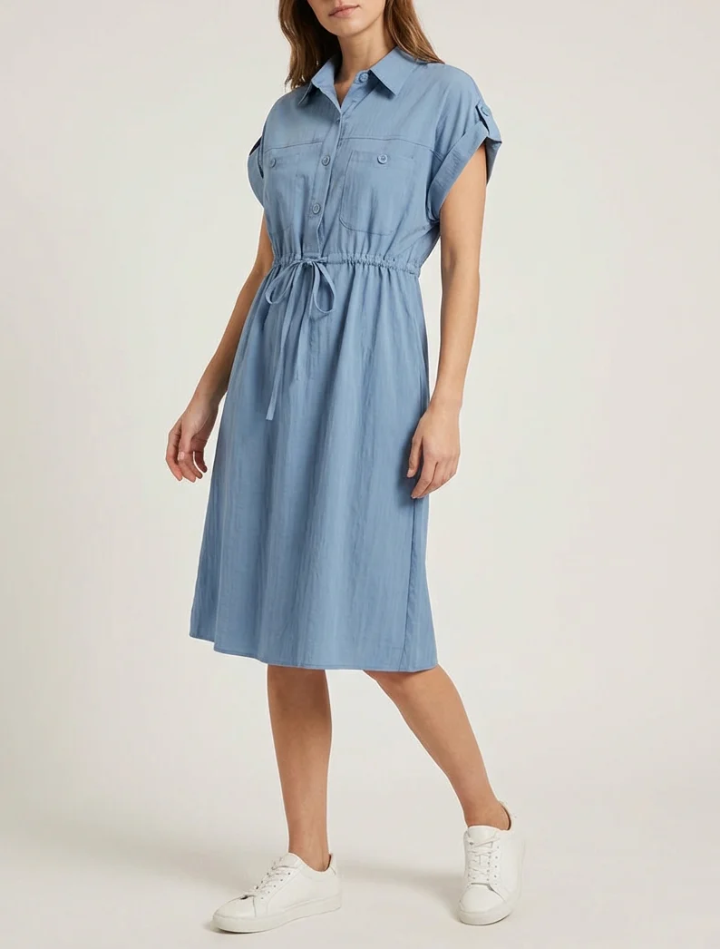 Robe droite unie à manches courtes - Bleu - Image 4