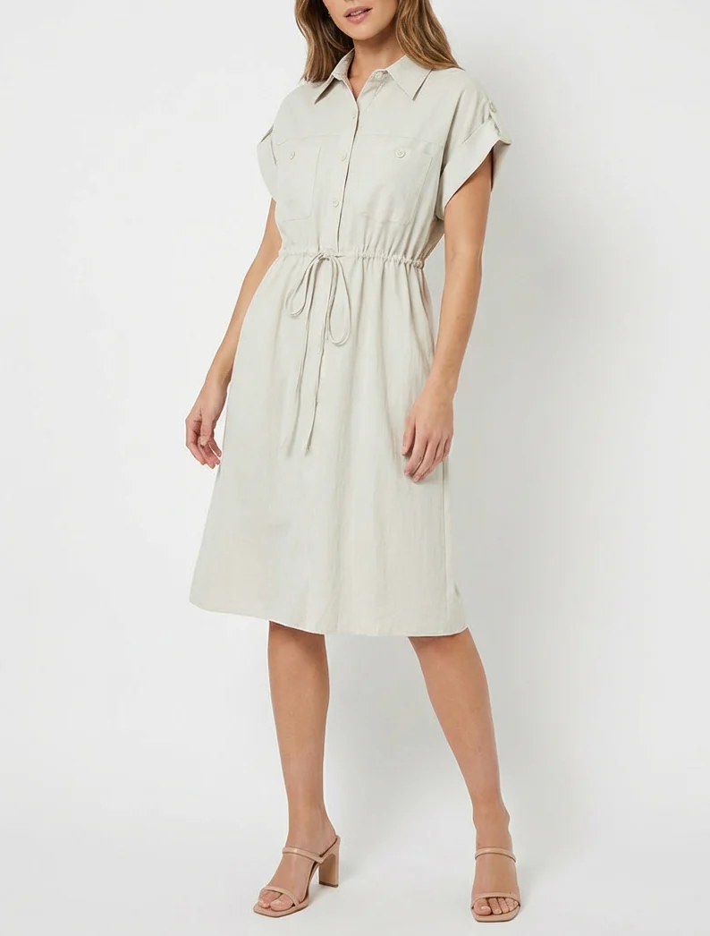 Robe droite unie à manches courtes - Beige - Image 4