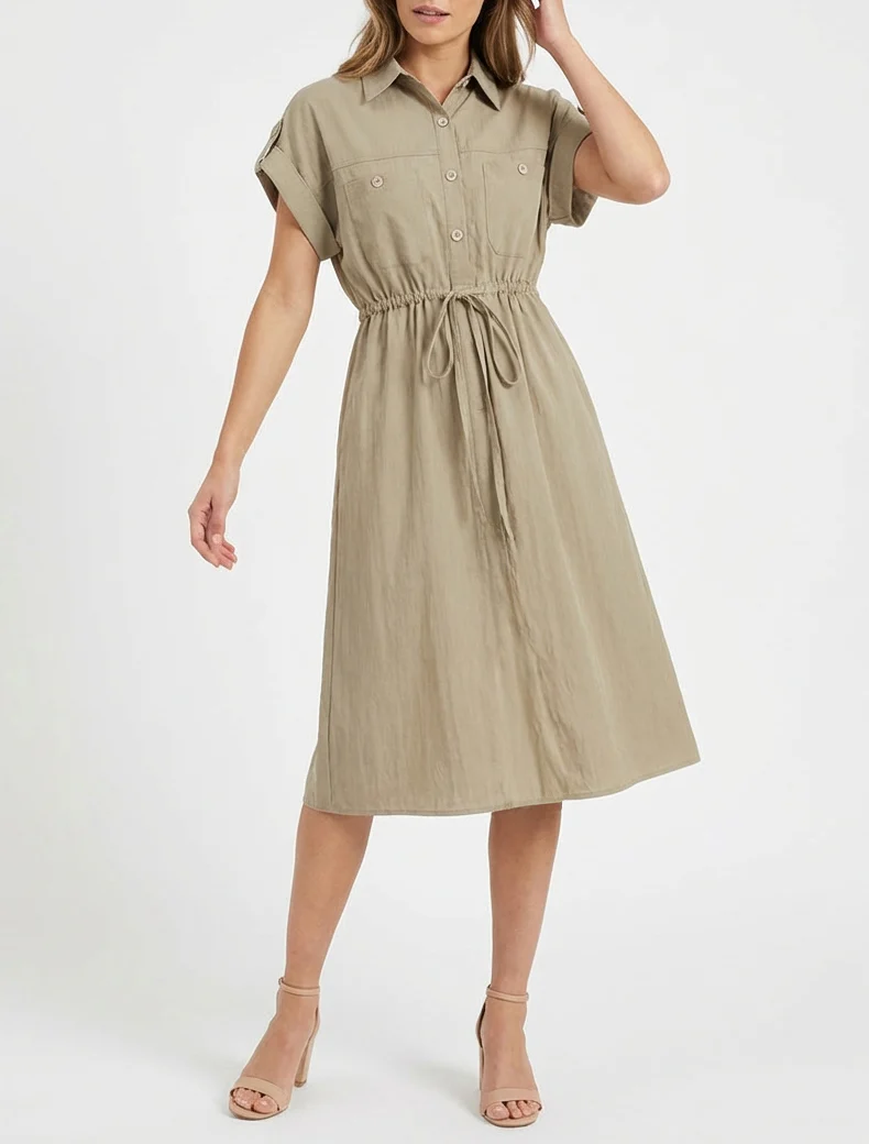Robe droite unie à manches courtes - Kaki clair - Image 4