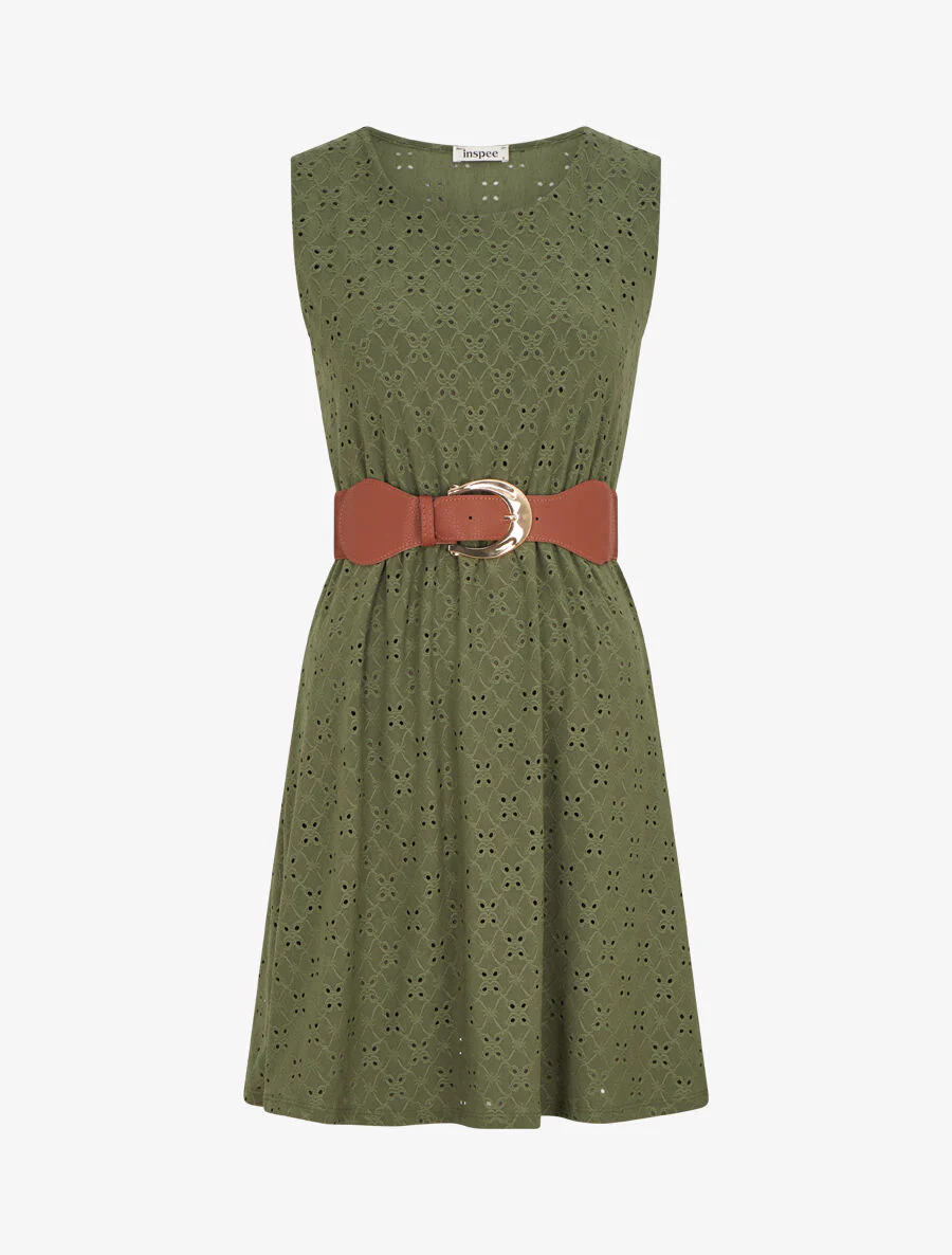 Robe droite unie et ajourée - Kaki