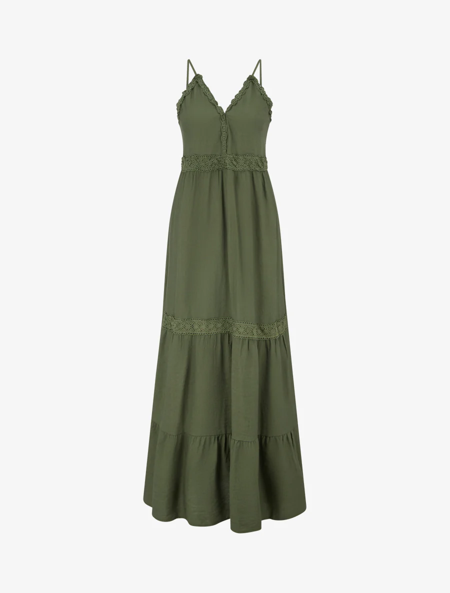 Robe élastiquée à empiècements en crochet - Kaki