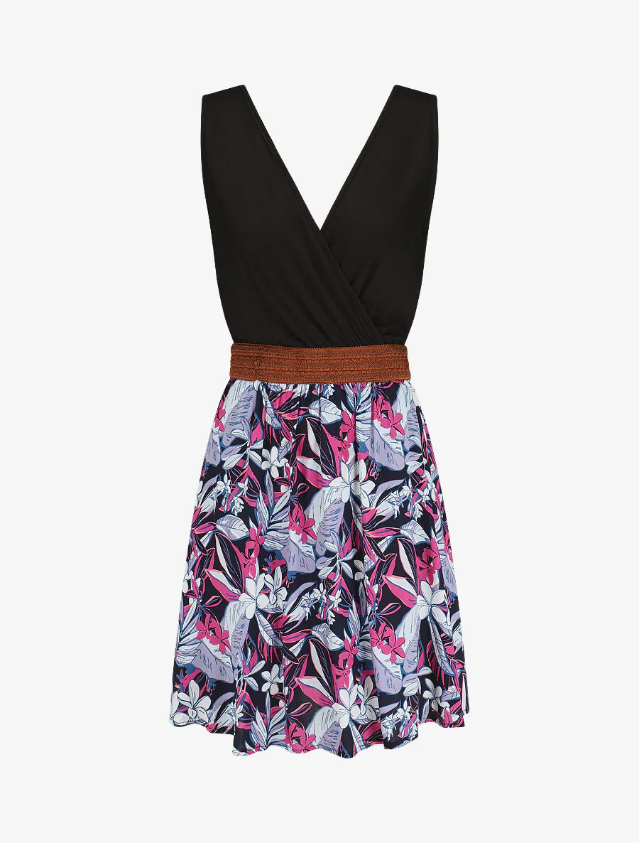 Robe élastiquée à jupe imprimé fleuri - Rose