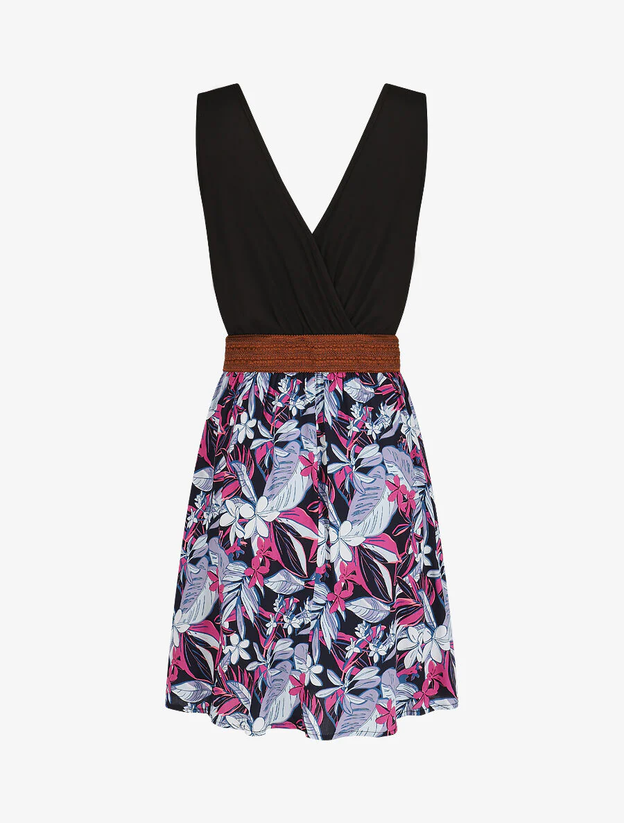 Robe élastiquée à jupe imprimé fleuri - Rose - Image 2