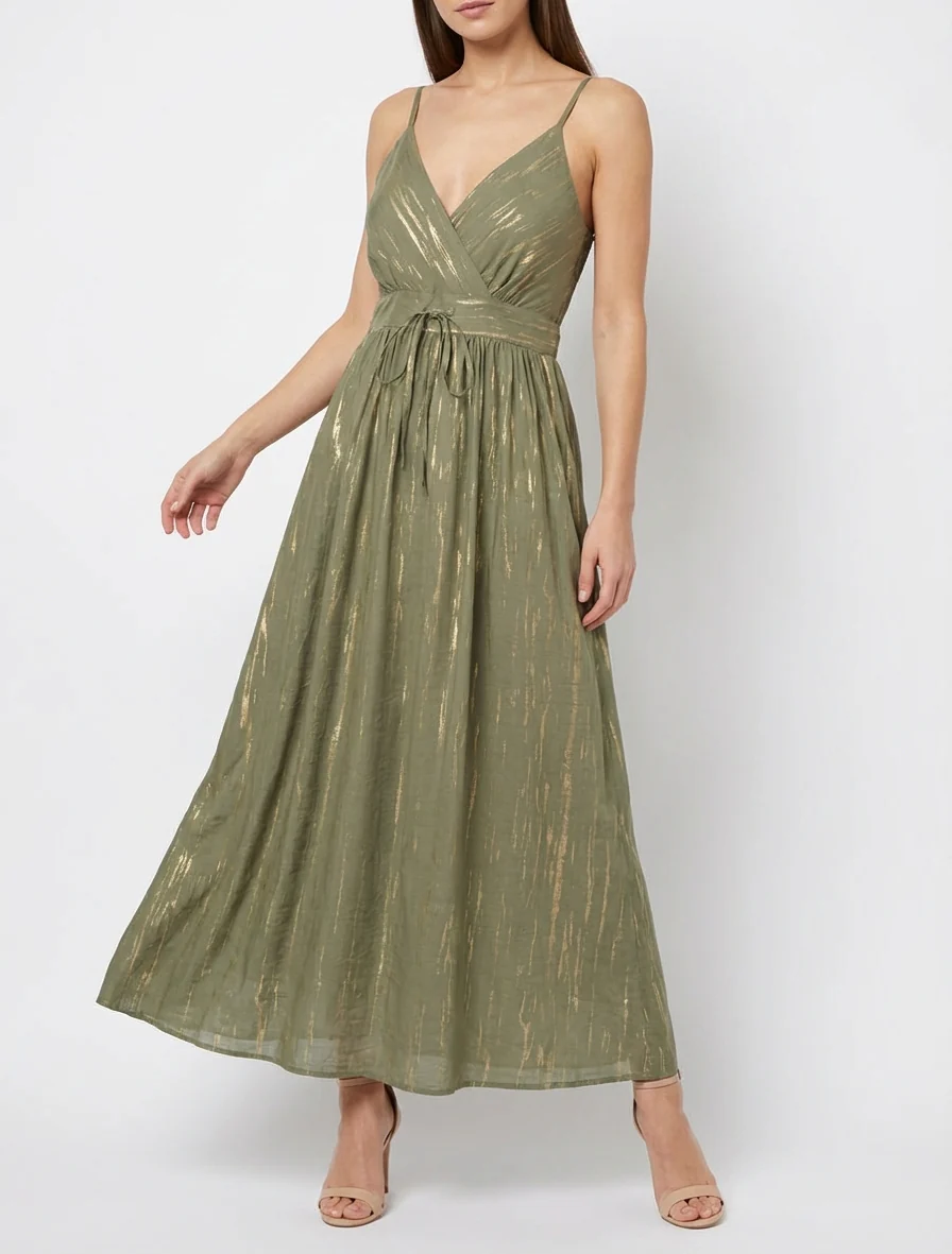 Robe élastiquée unie détail irisé - Kaki - Image 4