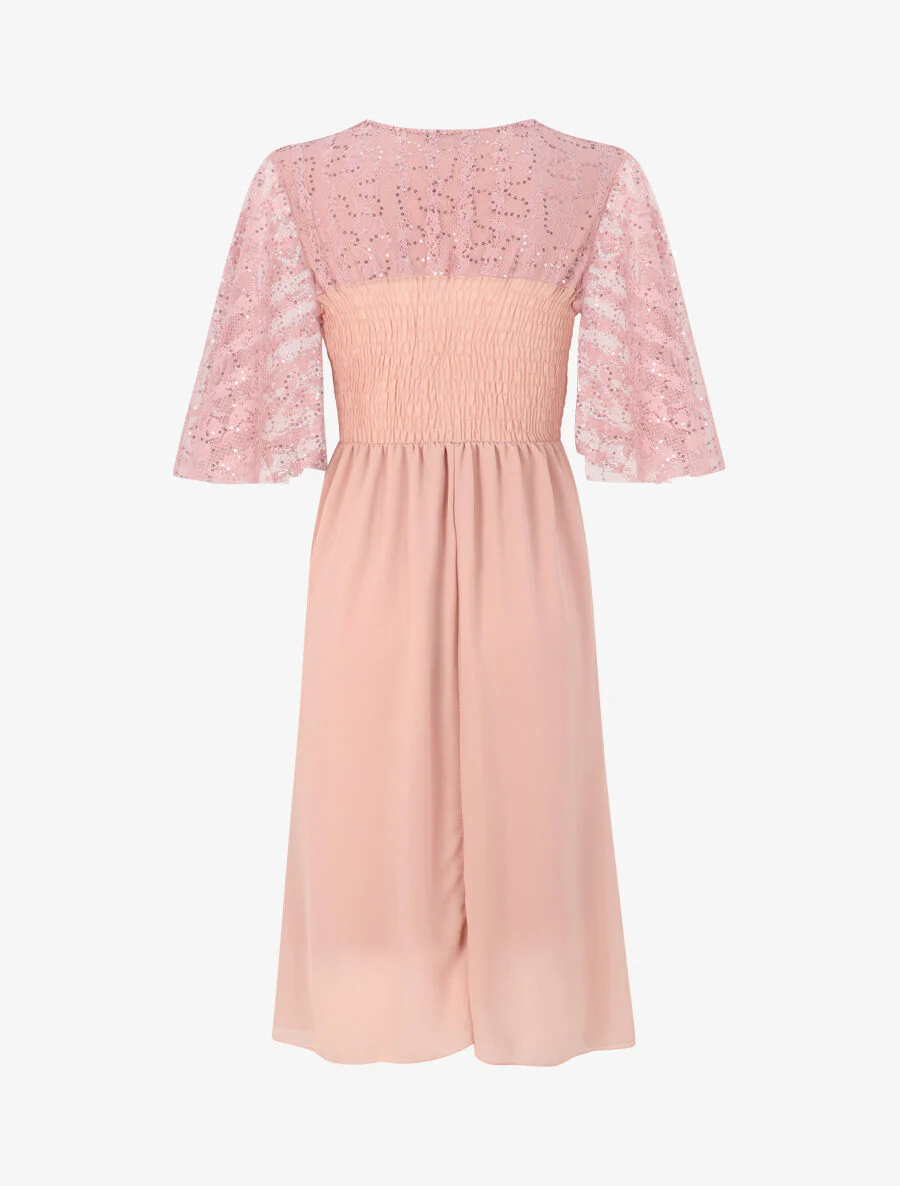 Robe empire à buste en dentelle et sequins - Rose poudré - Image 2