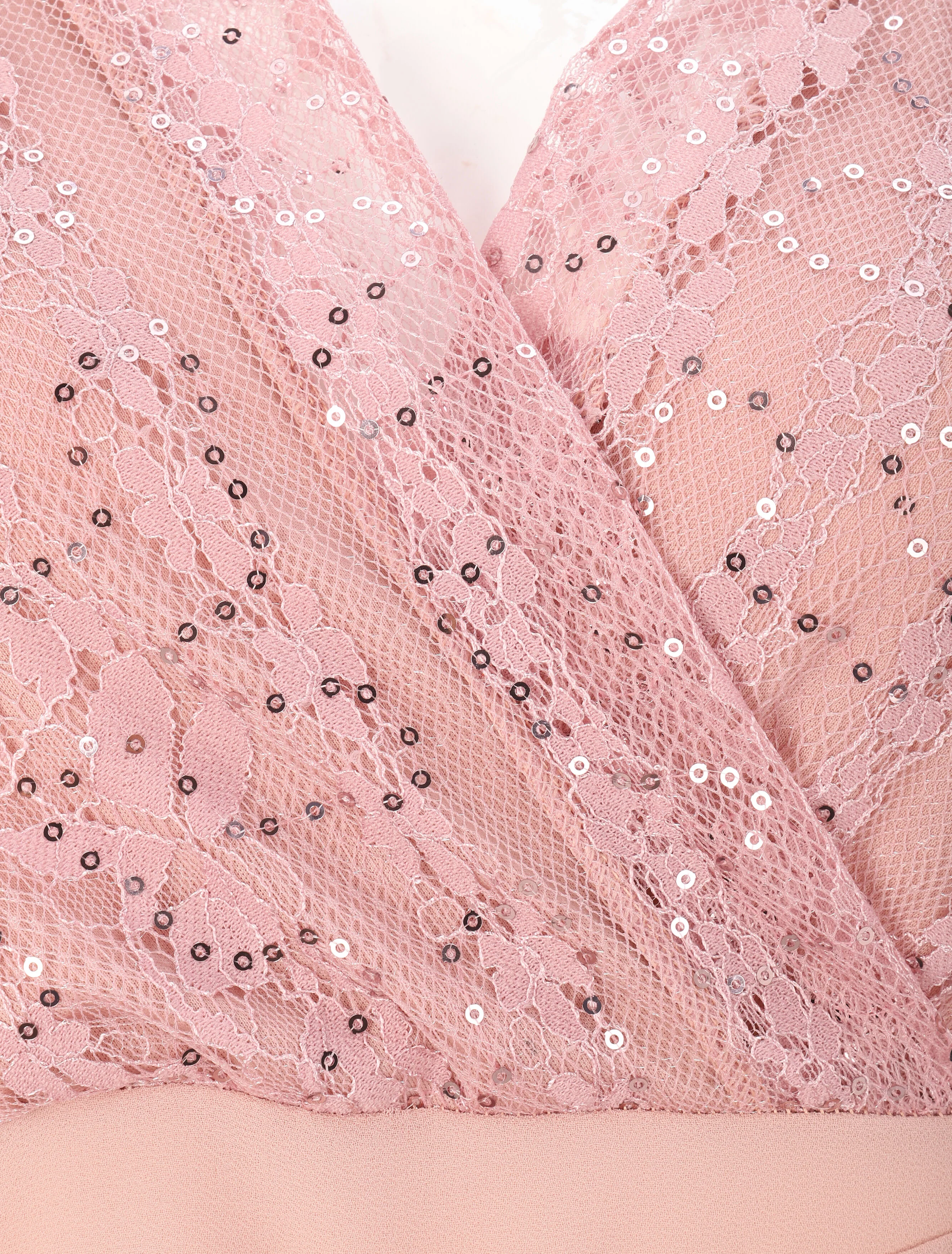 Robe empire à buste en dentelle et sequins - Rose poudré - Image 3
