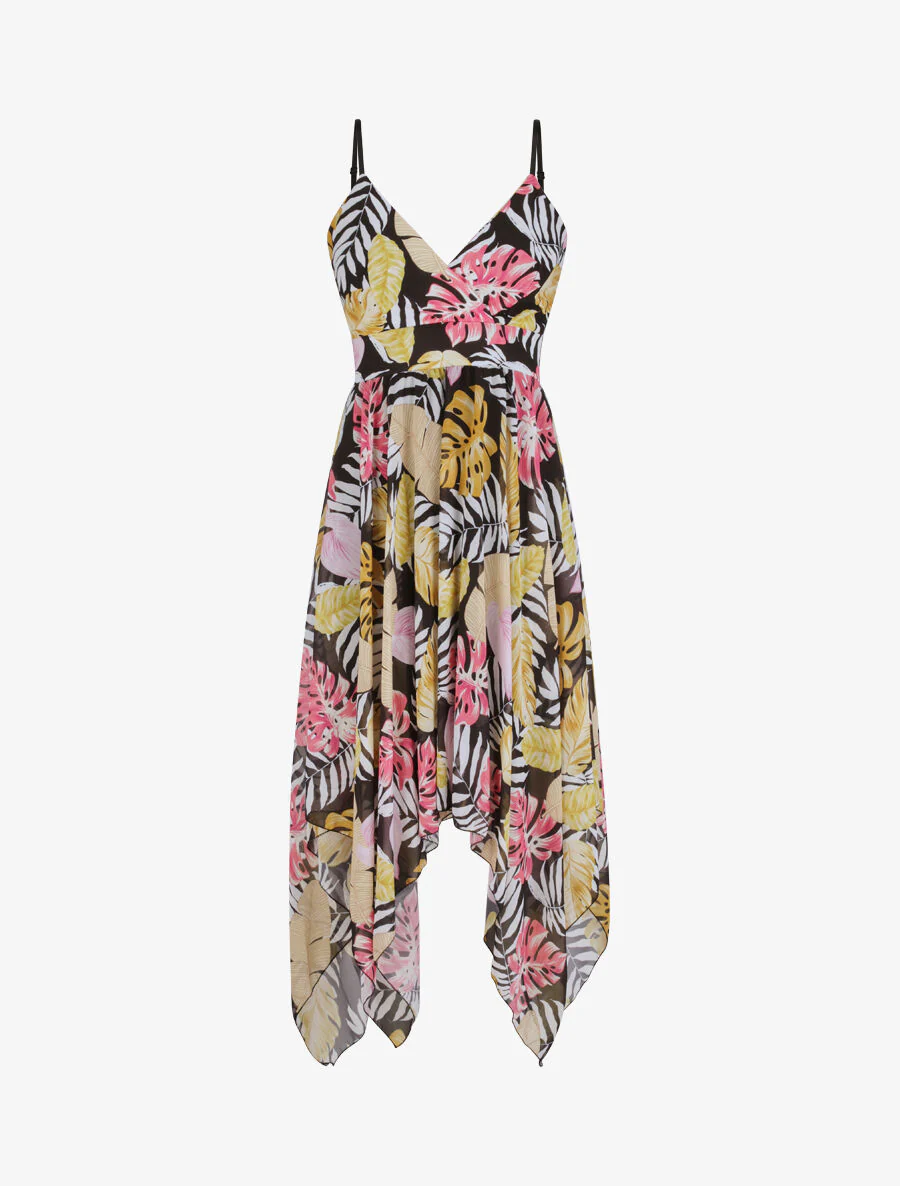 Robe empire mi-longue asymétrique imprimé feuille tropicales - Noir