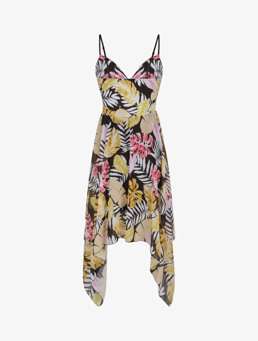Robe empire mi-longue asymétrique imprimé feuille tropicales - Noir - Image 2