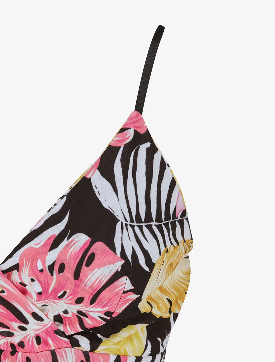 Robe empire mi-longue asymétrique imprimé feuille tropicales - Noir - Image 3