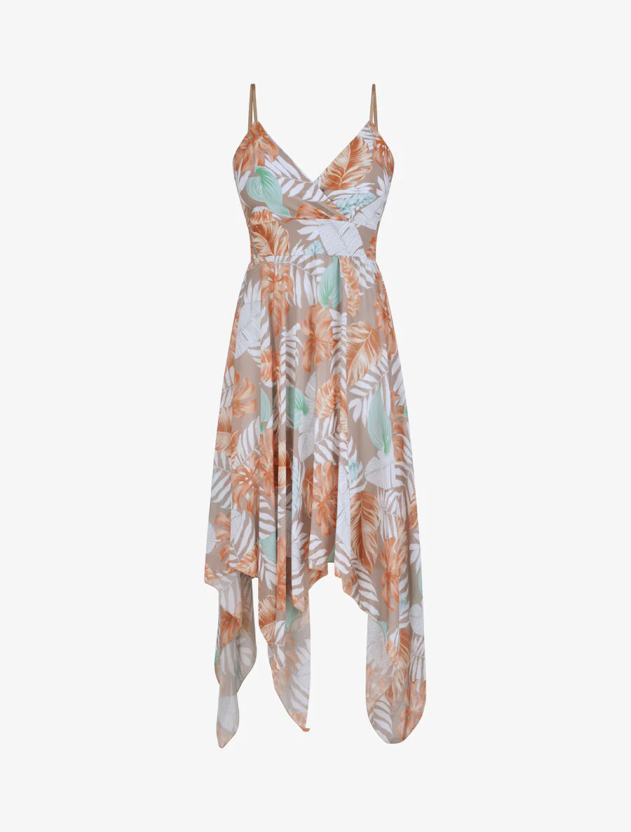 Robe empire mi-longue asymétrique imprimé feuille tropicales - Camel