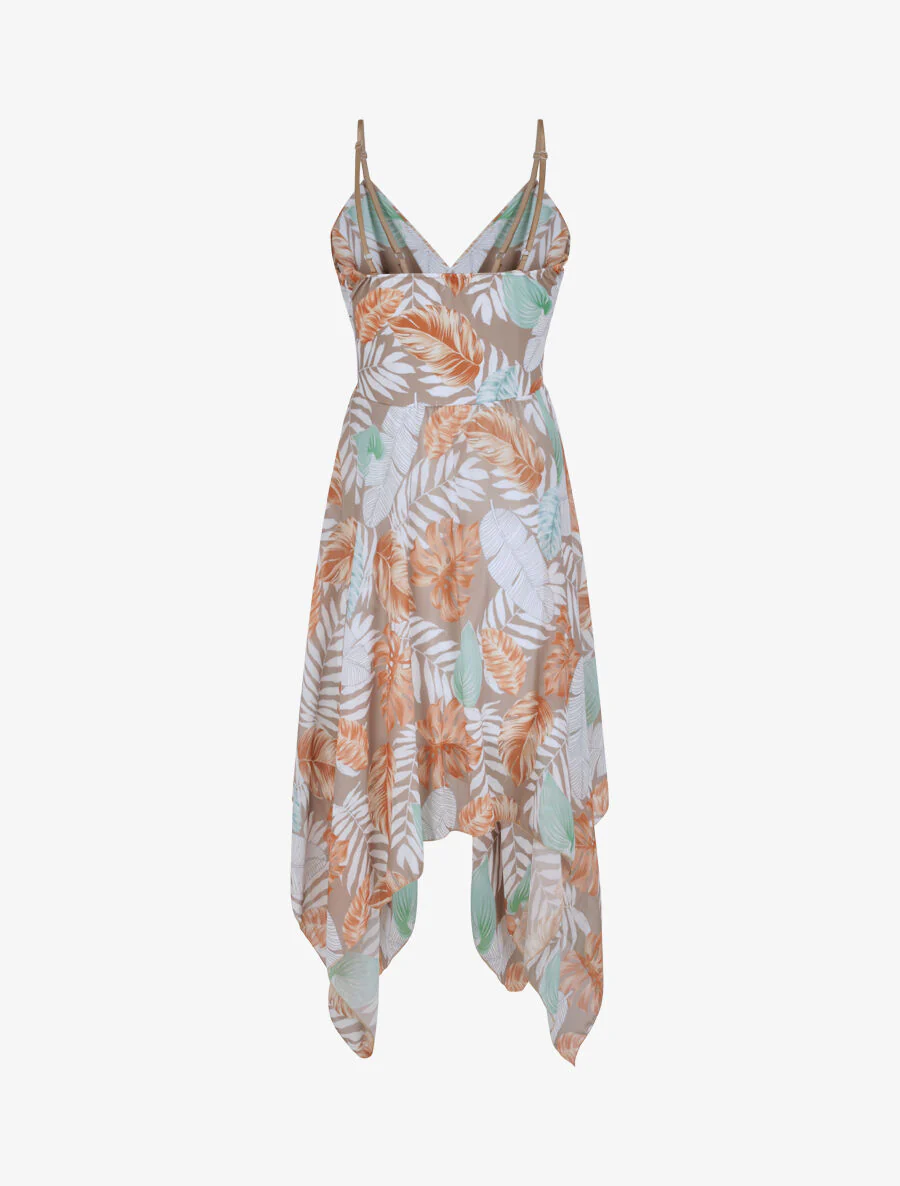Robe empire mi-longue asymétrique imprimé feuille tropicales - Camel - Image 2