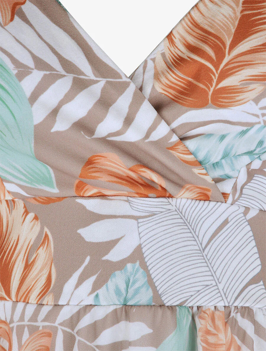Robe empire mi-longue asymétrique imprimé feuille tropicales - Camel - Image 3