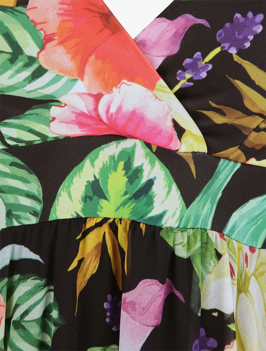 Robe empire mi-longue asymétrique imprimé hibiscus - Noir - Image 3