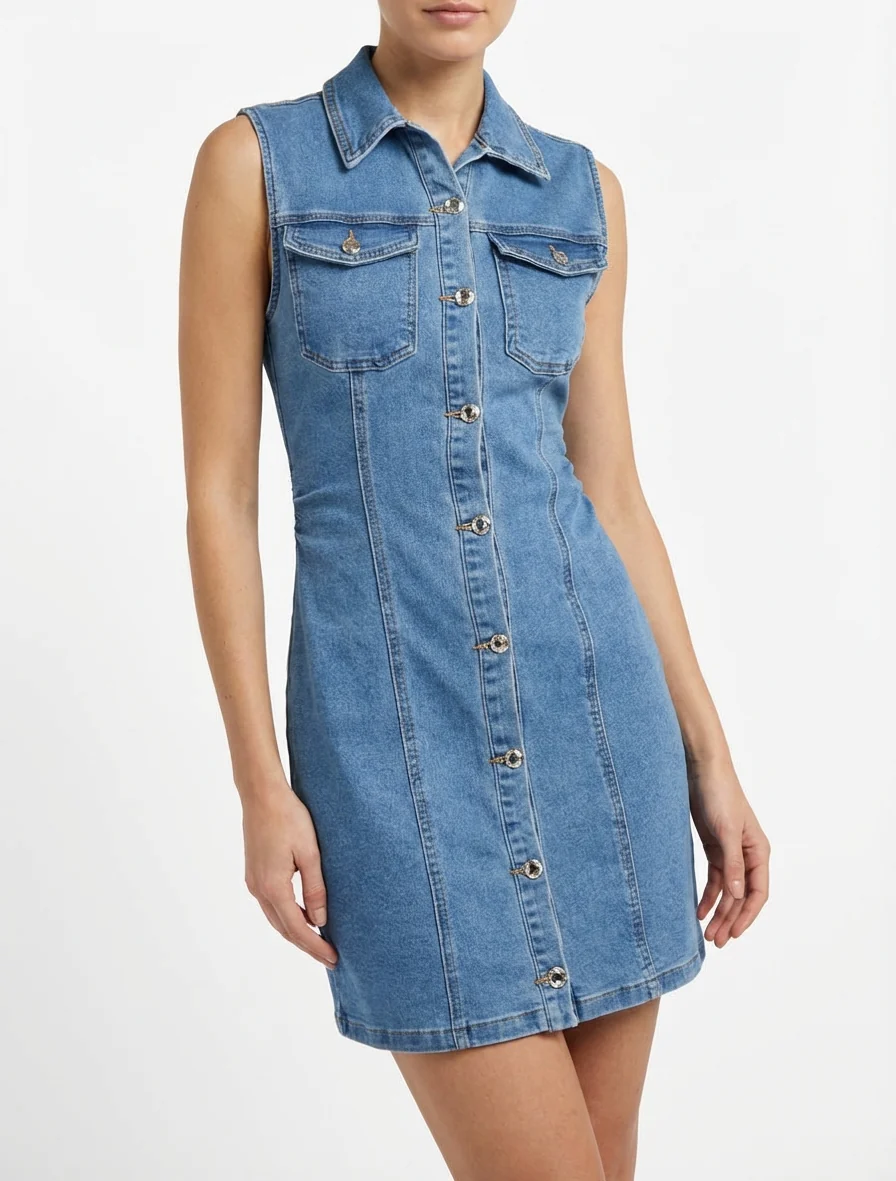 Robe en jean ajustée sans manches - Bleu - Image 4