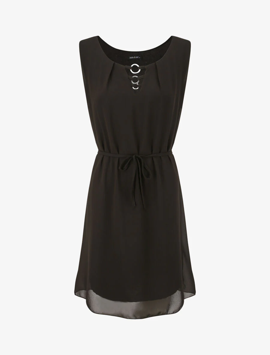 Robe en voile à col rond à détail anneaux - Noir