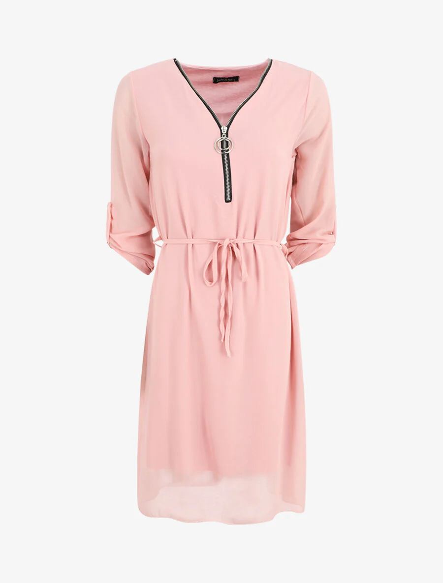 Robe en voile à col V zippée - Rose
