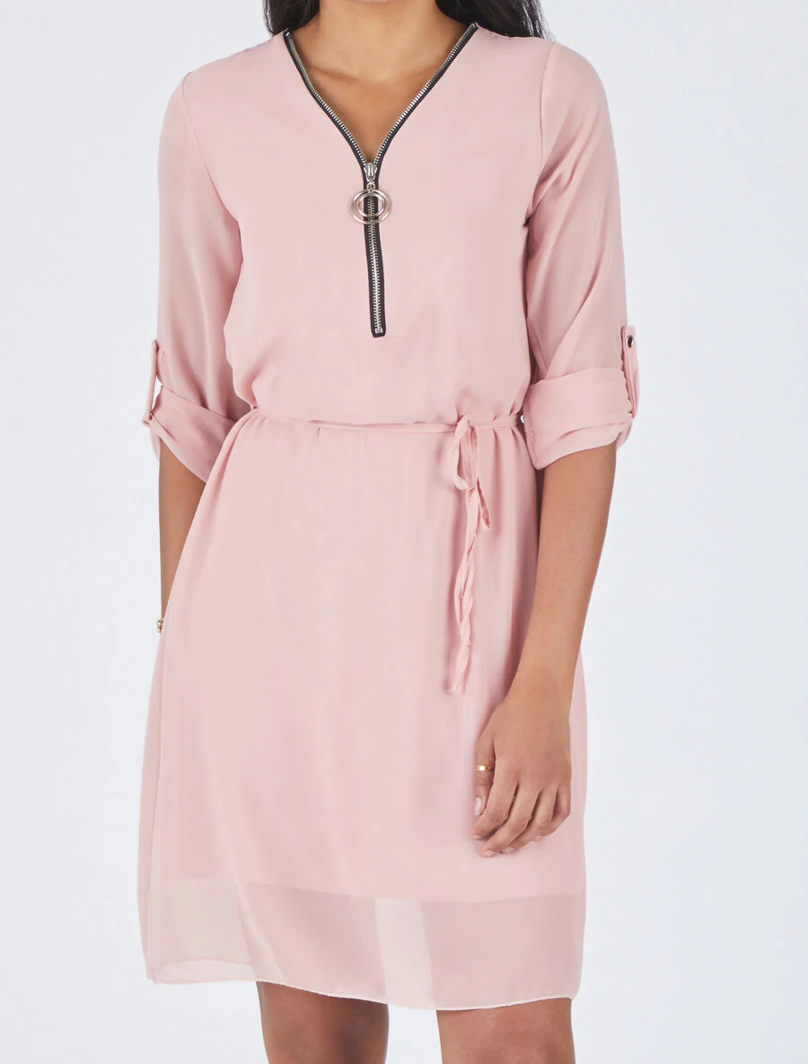 Robe en voile à col V zippée - Rose - Image 4