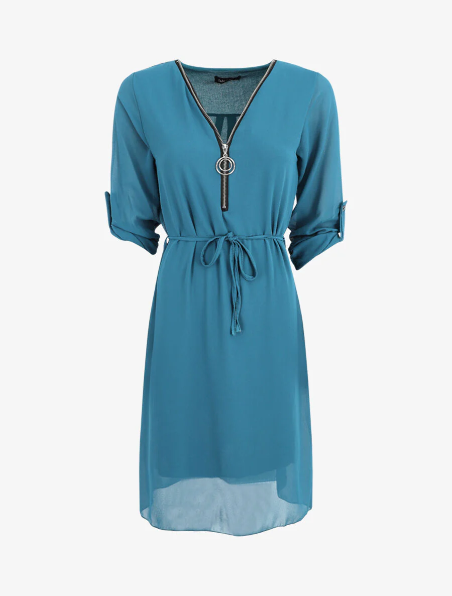 Robe en voile à col V zippée - Bleu canard