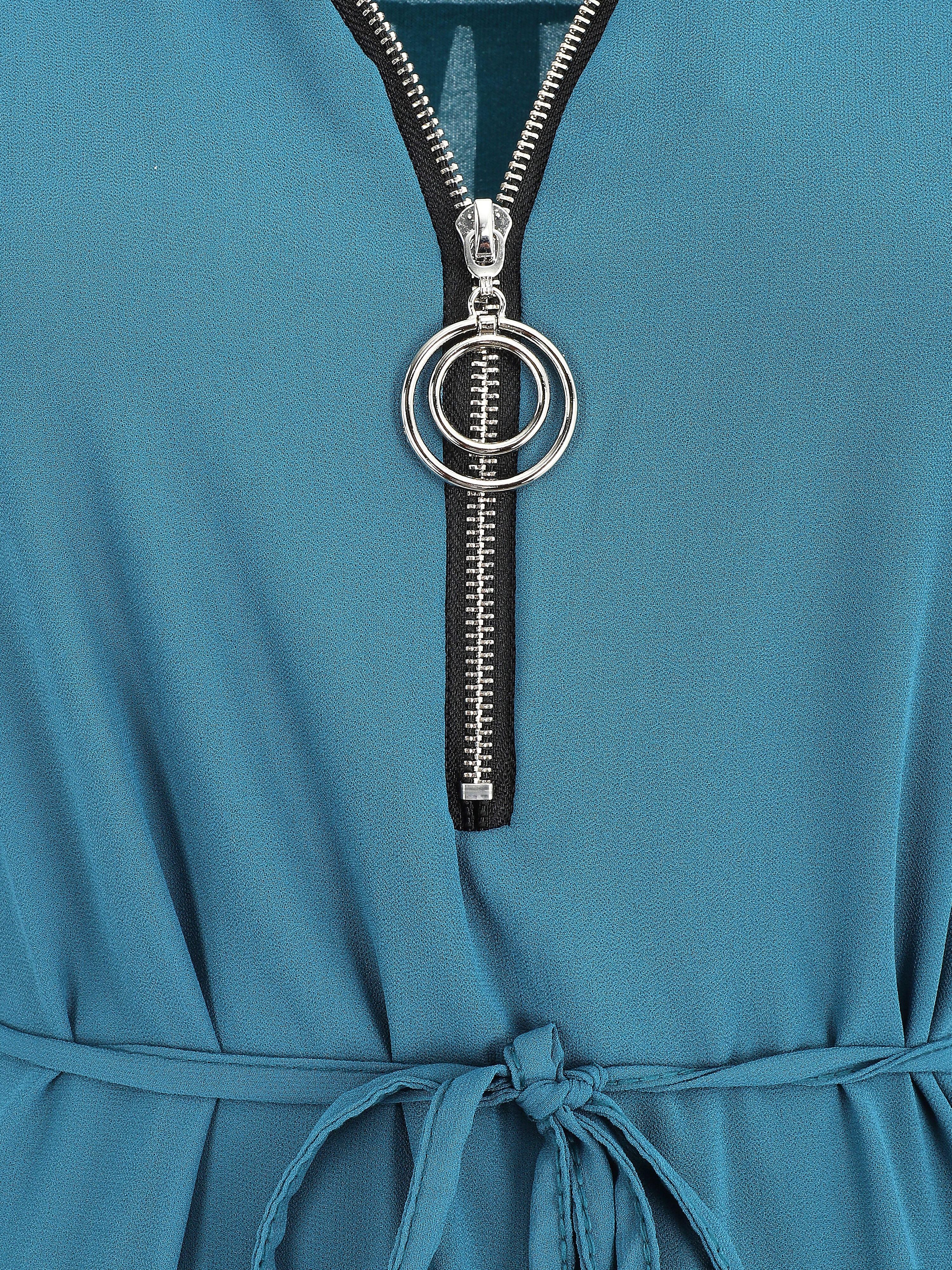 Robe en voile à col V zippée - Bleu canard - Image 3