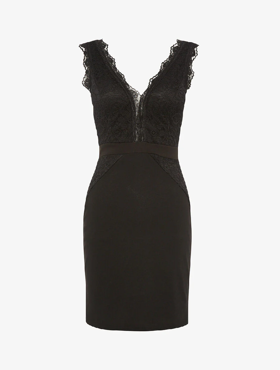 Robe encolure V dentelle - noir