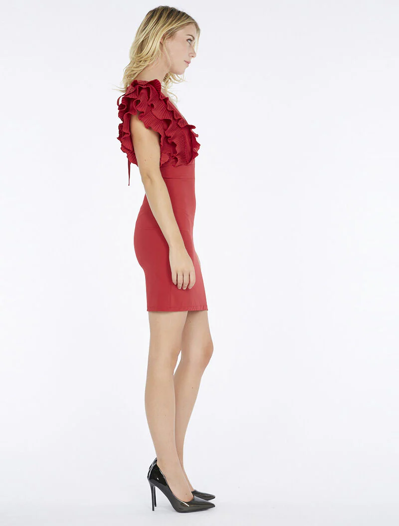 Robe épaules volantées plissées - bordeaux - Image 4