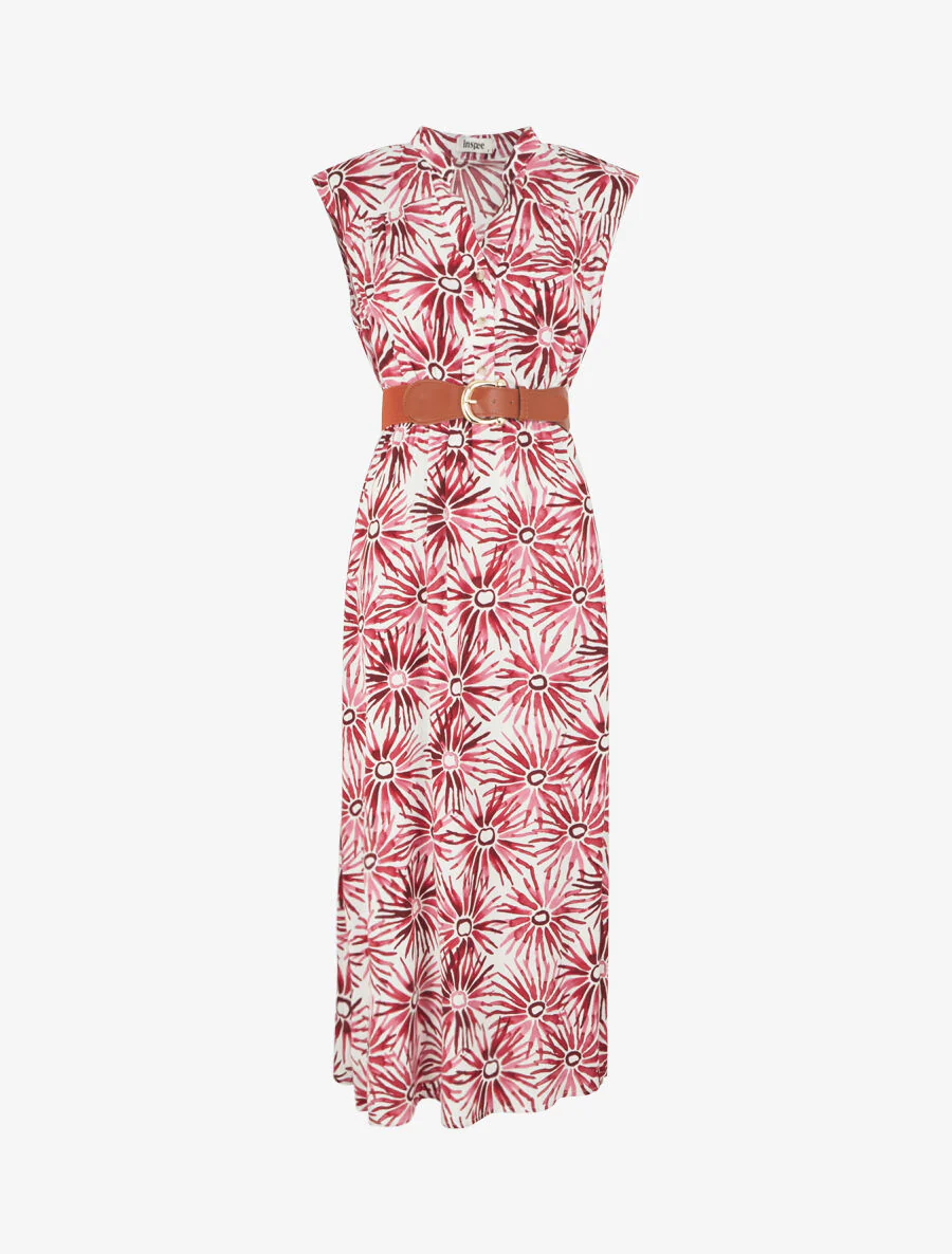 Robe évasée à boutons imprimé fleuri - Rouge