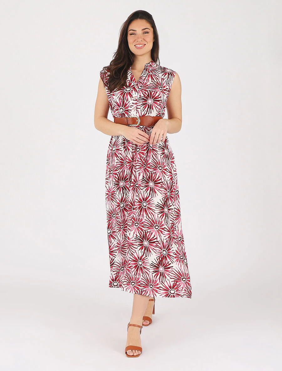 Robe évasée à boutons imprimé fleuri - Rouge - Image 4