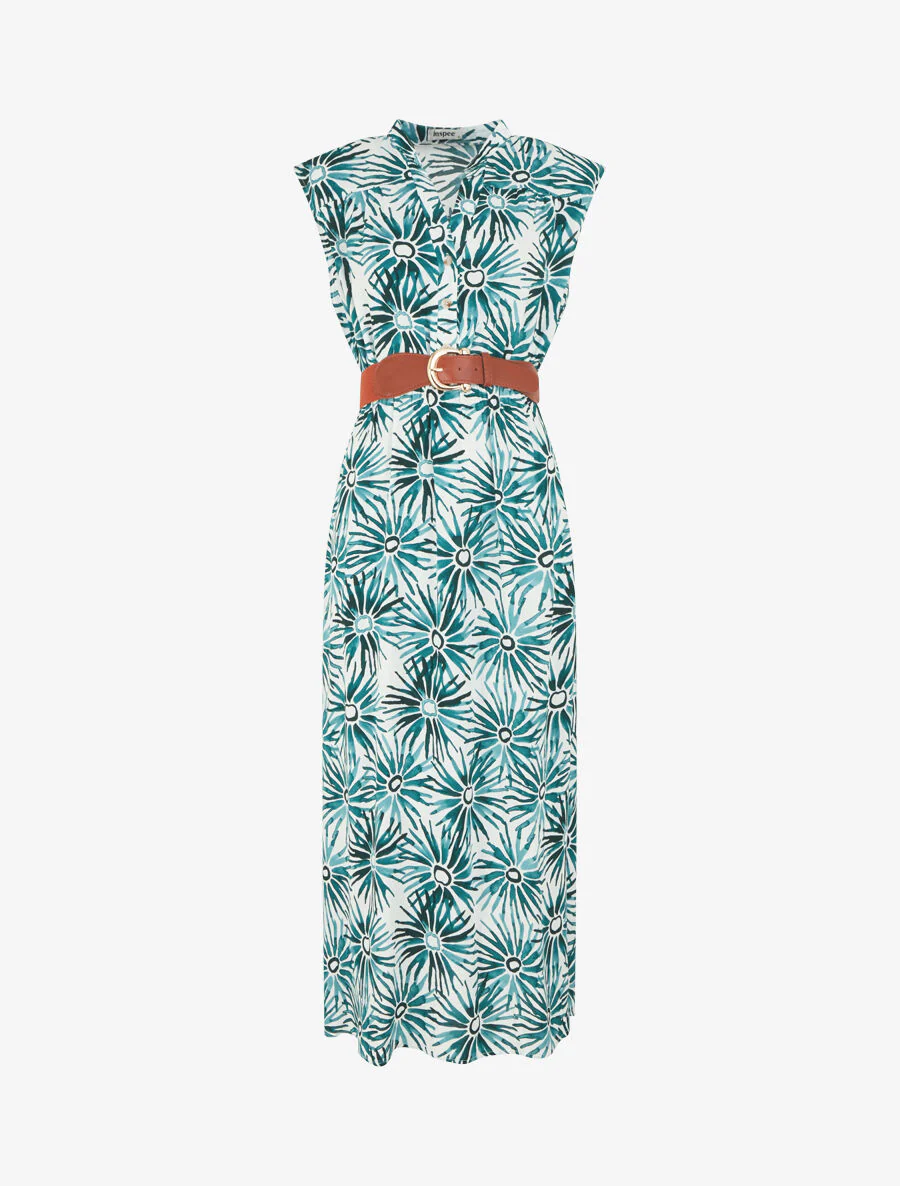Robe évasée à boutons imprimé fleuri - Vert