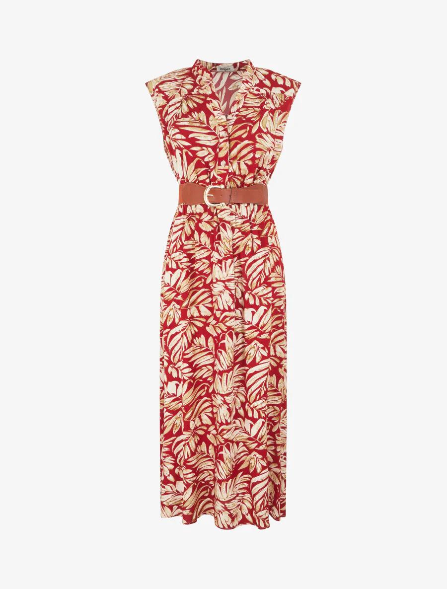 Robe évasée à boutons imprimé végétal - Rouge