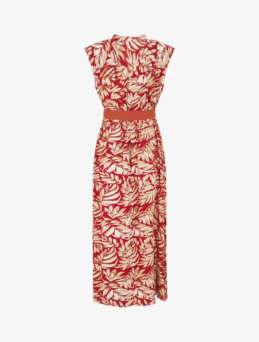Robe évasée à boutons imprimé végétal - Rouge - Image 2