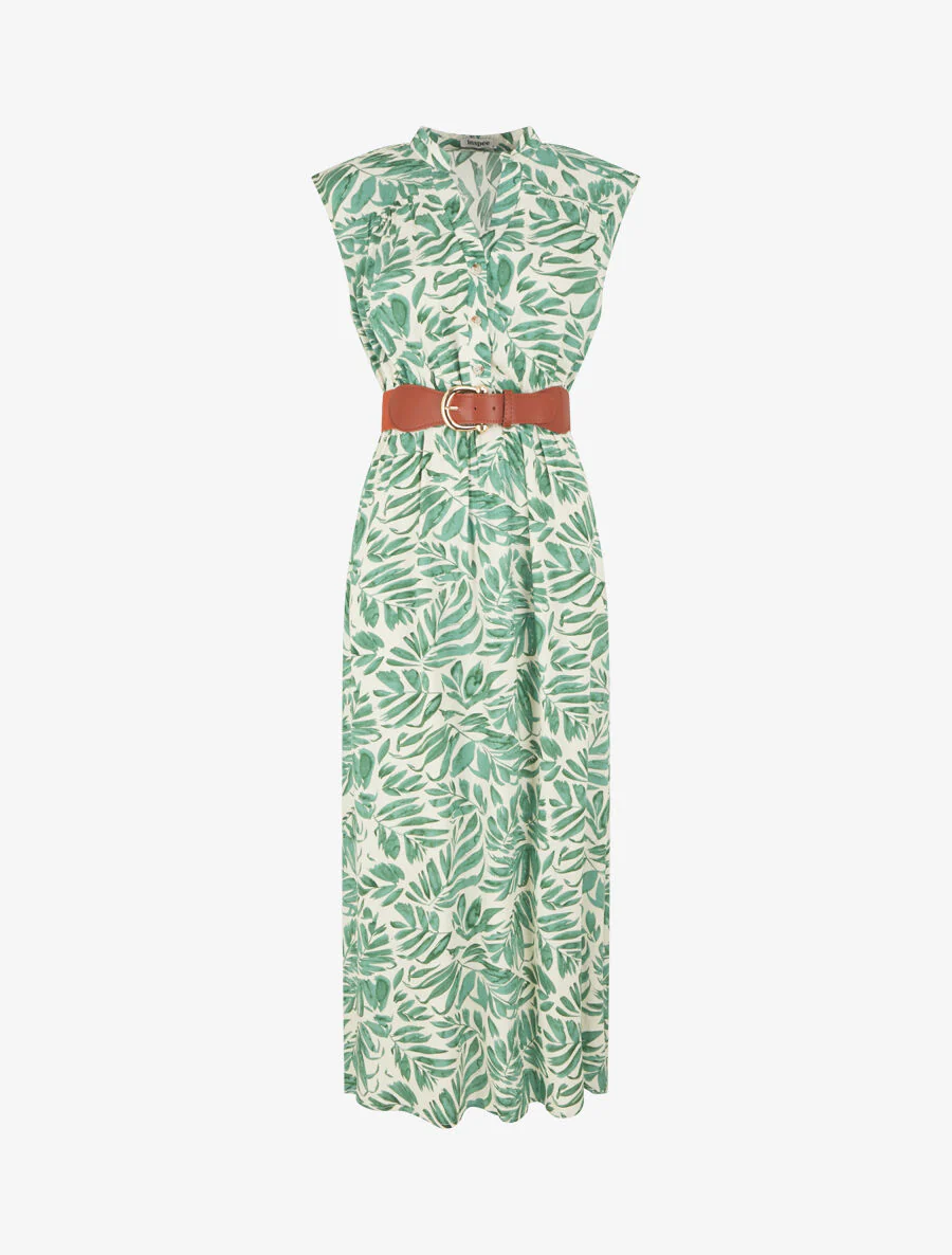 Robe évasée à boutons imprimé végétal - Vert