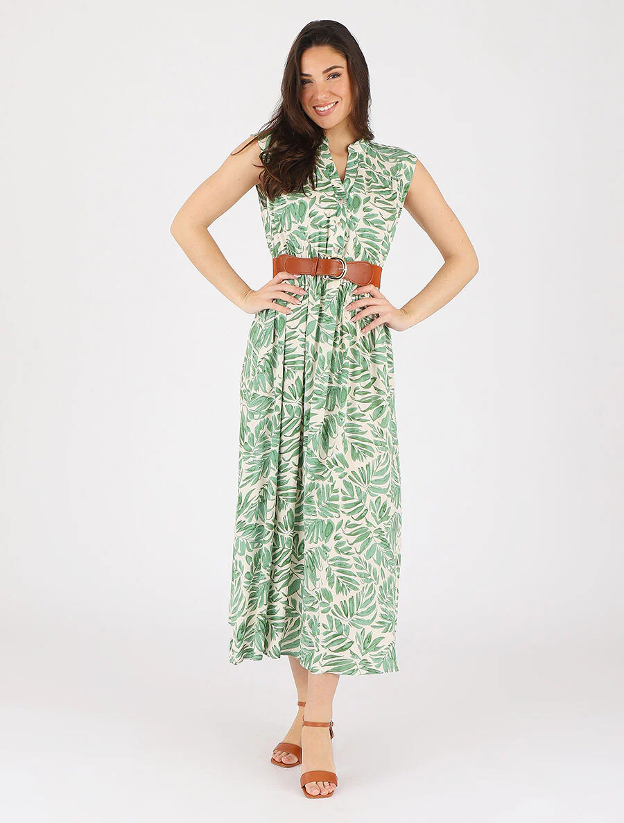 Robe évasée à boutons imprimé végétal - Vert - Image 4