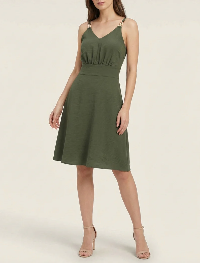 Robe évasée à bretelles bijoux - Kaki - Image 4