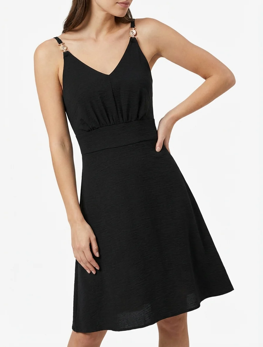 Robe évasée à bretelles bijoux - Noir - Image 4