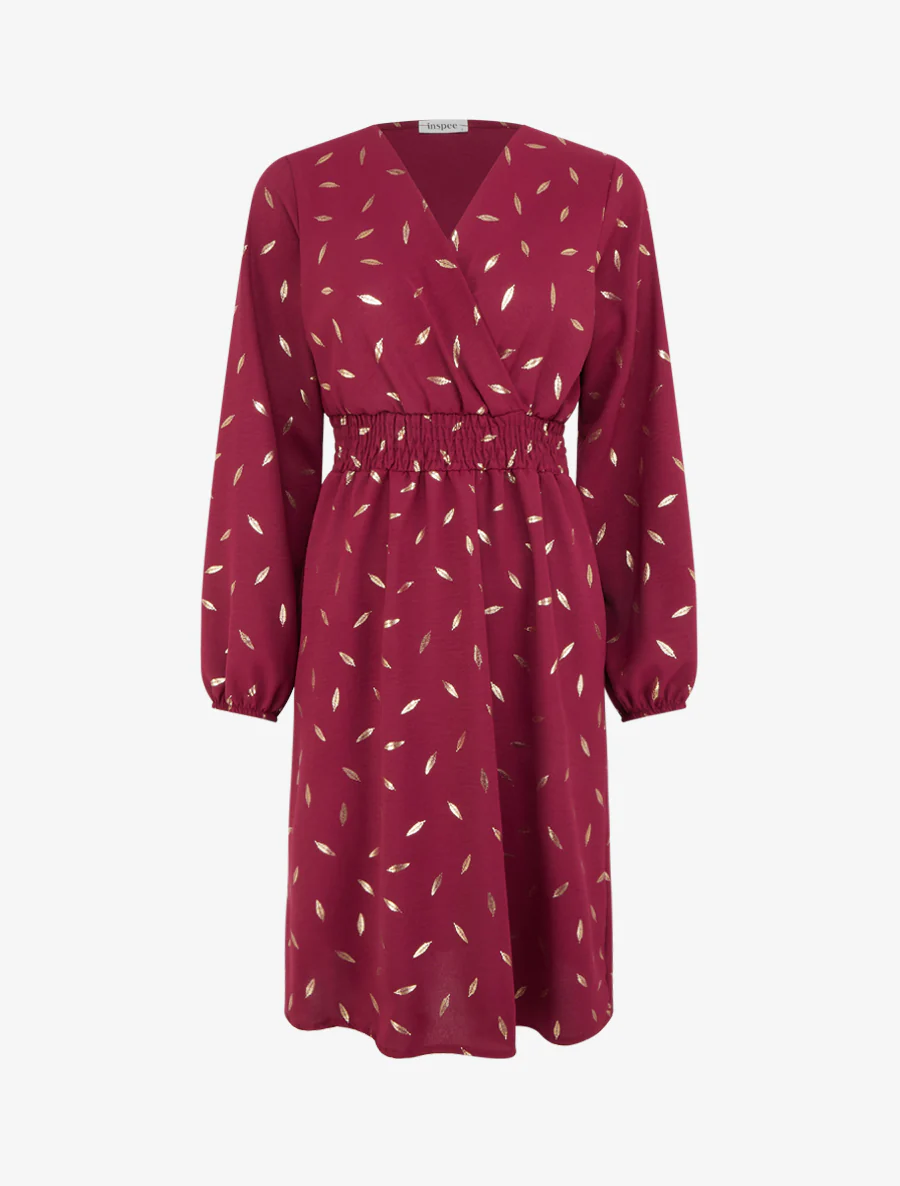 Robe évasée à imprimé plumes dorées - Lie de vin
