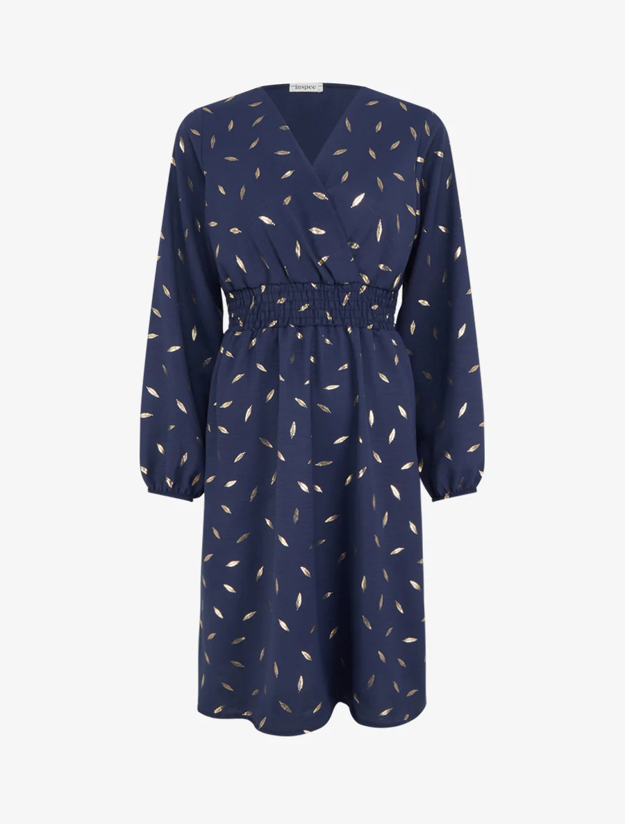 Robe évasée à imprimé plumes dorées - Marine